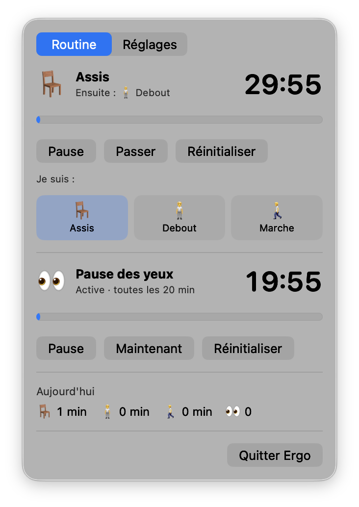 Le menu d'Ergo : session assise en cours, pause des yeux active et bilan du jour
