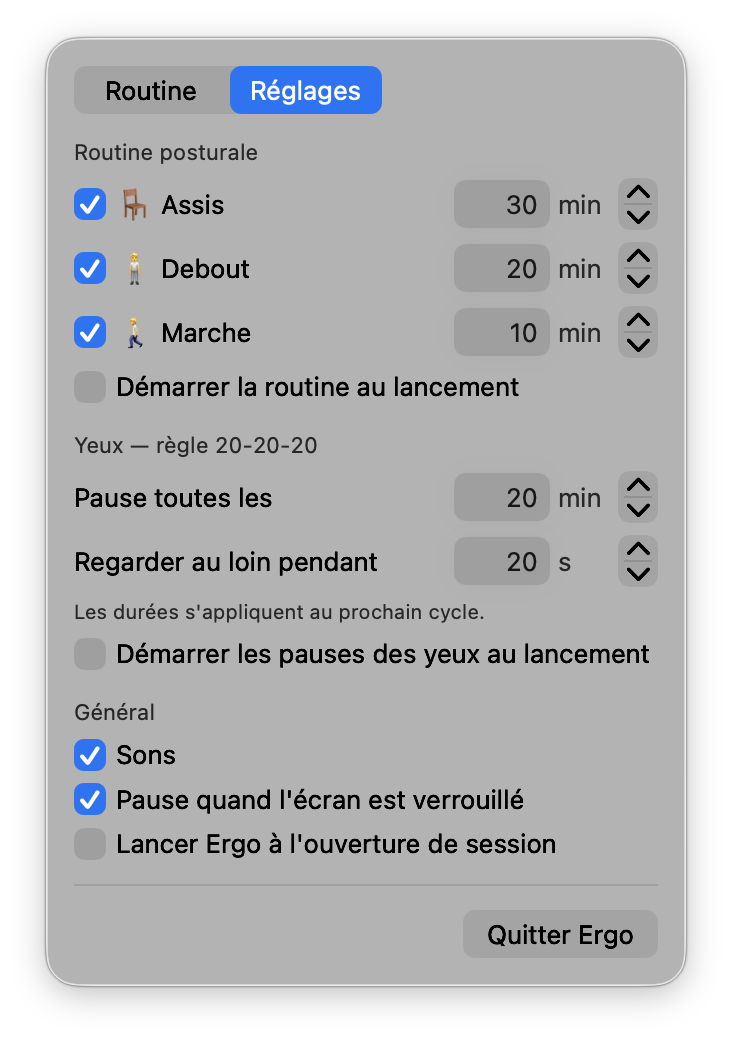 Réglages d'Ergo